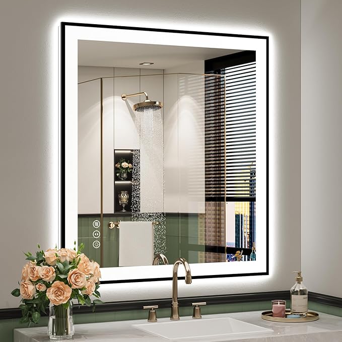 32x36 Inch LED Bathroom Mirror with Lights (Front Lit and Backlit) Black Framed Lighted Vanity Mirror for Bathroom Wall Dimmable Anti-Fog Memory Tempered Glass Horizontal/Vertical