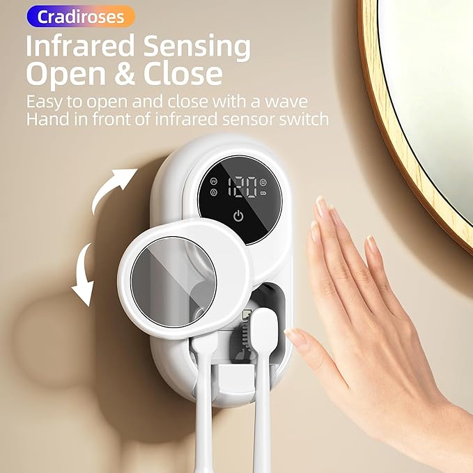 UV Toothbrush Sanitizer Holder 2 Slots (White): Wall Mount for Bathroom, Rechargeable, LED Smart Screen, Heated Fan Drying for Home/Travel