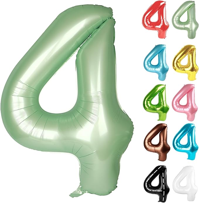 Sage Green Number 4 Balloon 40 Inch, 4 Balloon Number, 4th Birthday Decorations, Oliver Green Party Supplies for Boys Girls