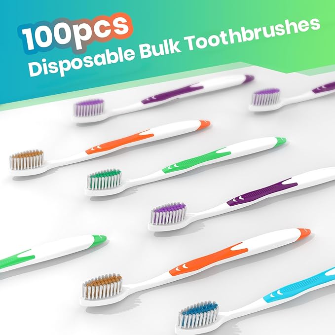 100 Bulk Toothbrushes Pack with Covers, Individually Wrapped Tooth Brushes for Adults & Kids, Disposable Toothbrush for Travel, Donations, Hotels, Medium Soft Toothbrushes with Hygienic Cap