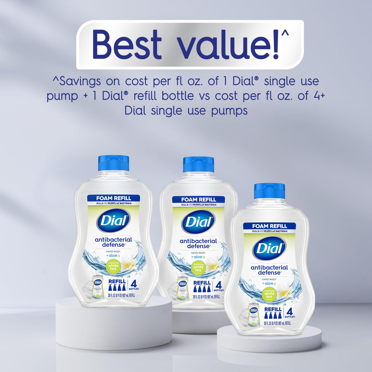 Dial Antibacterial Defense Foaming Hand Soap + Aloe, Soothing White Tea, 30 Fl Oz Hand Soap Refill (Pack of 4), Dermatologist-Tested, Gentle on Skin
