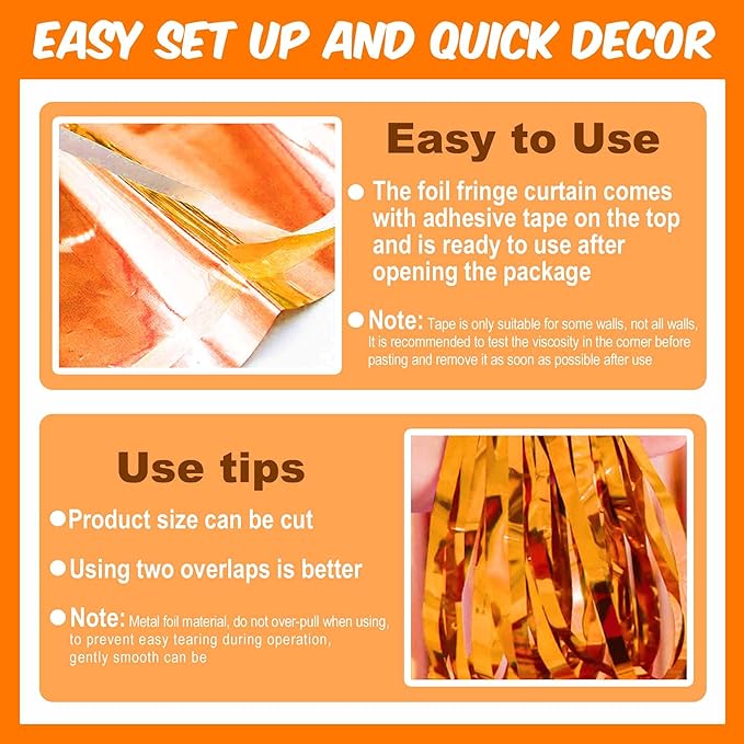 6 Pack Orange Foil Fringe Curtains Backdrop, 3.28 x 8.2 Ft Metallic Streamers Tinsel Curtains Background for Photo Booth, Birthday, Christmas, Halloween, Thanksgiving, New Year Party Decorations
