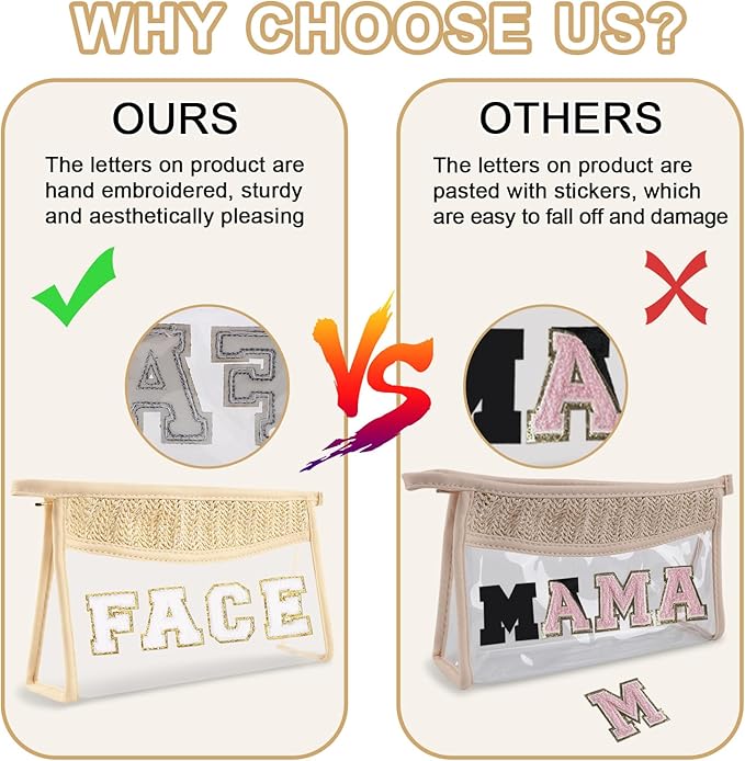 Clear Patch Makeup Letter Bag, Boho Preppy Chenille Letter Cosmetic Bag, Waterproof Zipper Make up Bags Toiletry Pouch for Women Girls, Clear Transparent Organizer Pouch for Travel(Face, Beige)