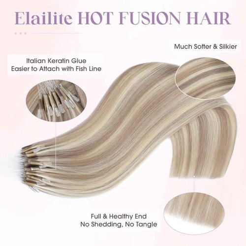 Elailite K Tip Hair Extensions Human Hair Real Remy Hair Ash Blonde & Bleach Blonde 20 Inch U Tip Ktip Utip Keratin Bond Hot Fusion Pre Bonded Hair Extensions for Women 50G 50Strands