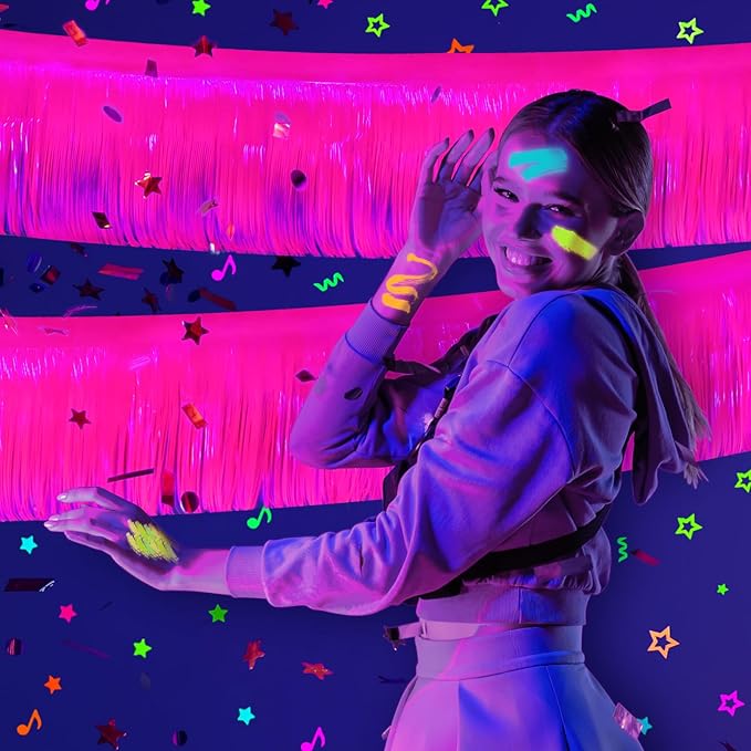 Mega-L Glow in The Dark Party Supplies, 4 Pack Foil Fringe Garland Birthday Party Decorations 9.8 ft Fluorescent Macaron Fuchsia Metallic Tinsel Streamers Banner, Glitter Photo Booth Prop Table Skirt
