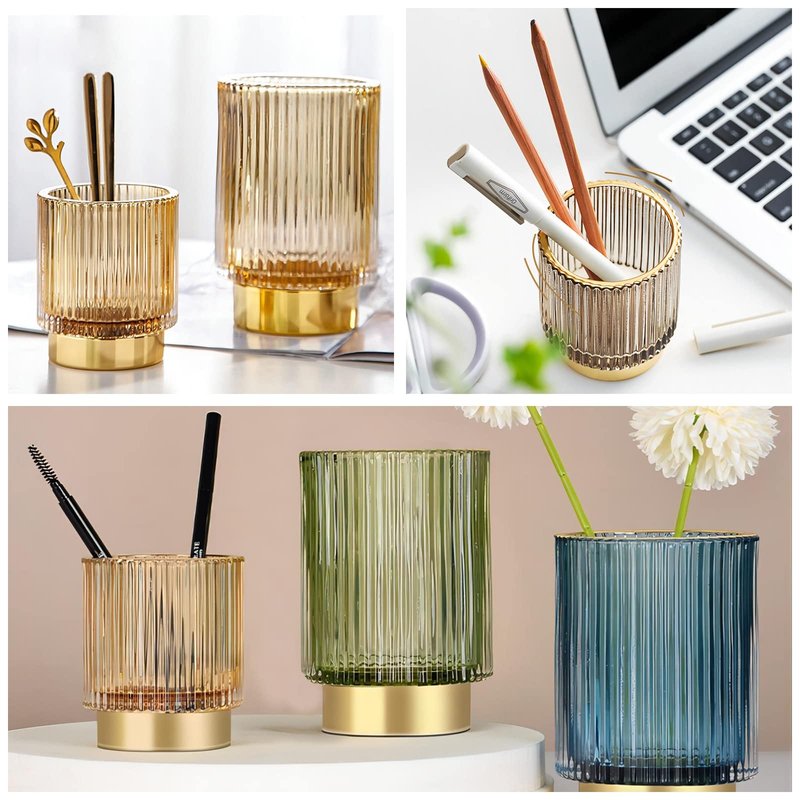 DASITON Makeup Brush holder Organizer,Crystal Cosmetic Makeup Brush Glass Brushes Storage Holder, Vintage Make Up Brush Cup Pen Pencil Holder striped vase(Coffee S＋L)