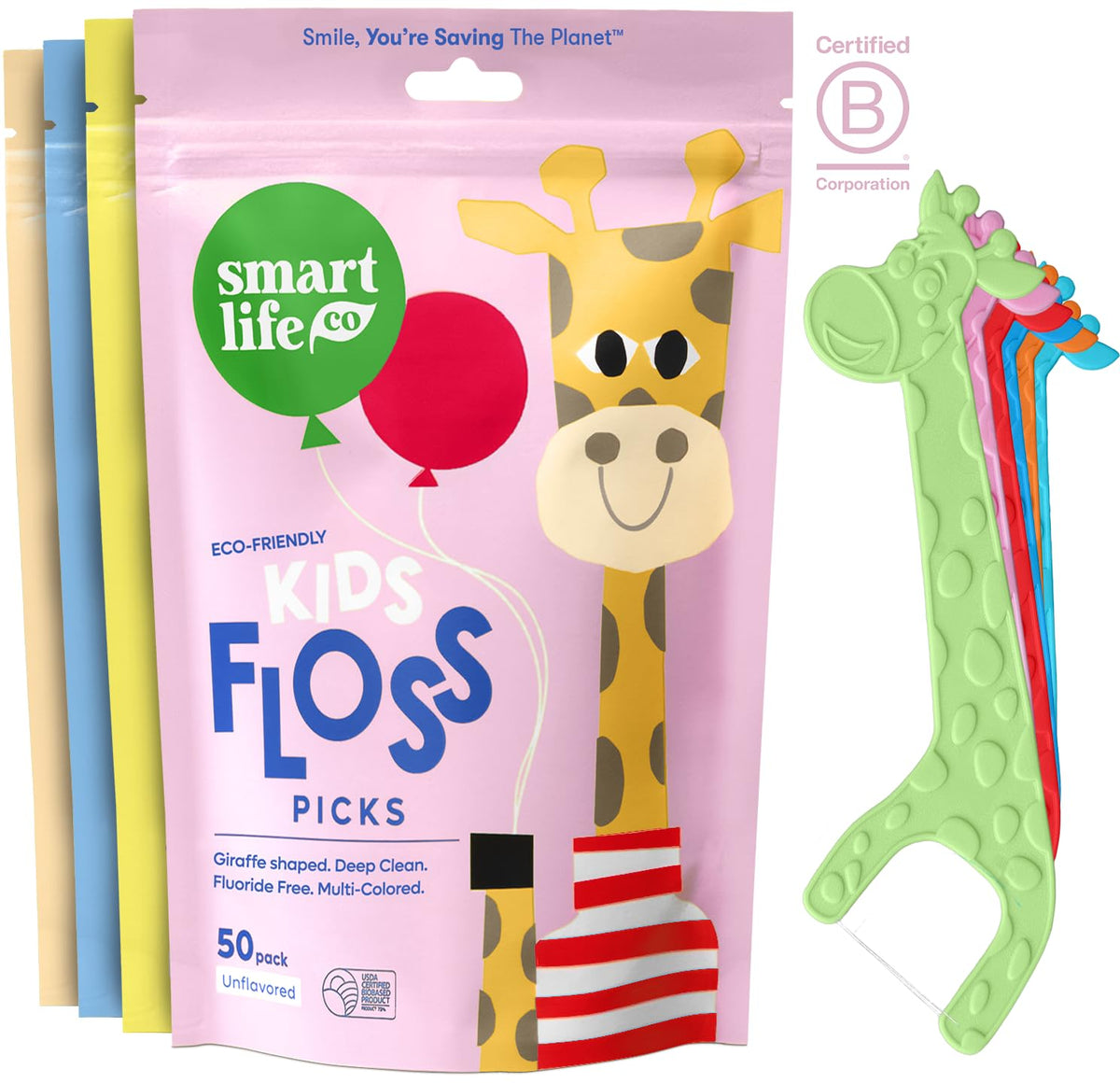 SmartLifeco Eco-Friendly Kids Flossers (200ct) - Dental Floss Picks for Children Made with Straw Wheat, Fluoride & PFA Free, Toothpick Flossing Sticks for Toddler Teeth, No Shred Thread, Unflavored
