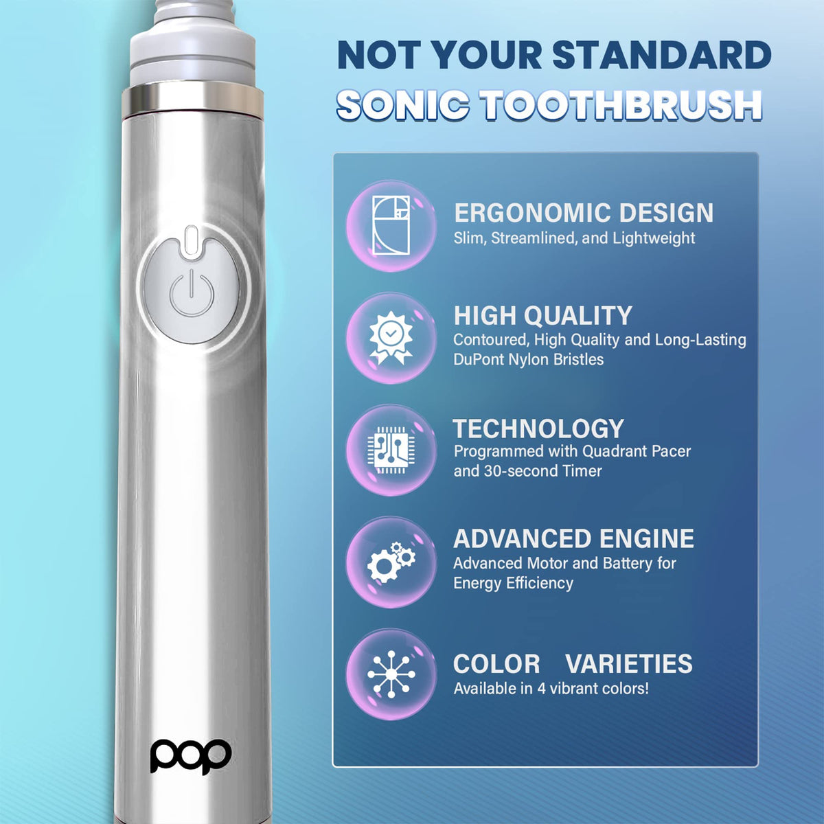 Pop Sonic The Ultimate Pro Toothbrush (Silver) | Rechargeable Tooth Brush w/Up to 40,000 Brush Strokes/Minute - Long-Lasting Dupont Nylon Bristles - for Teens & Adults w/Quadrant Pacer & Timer