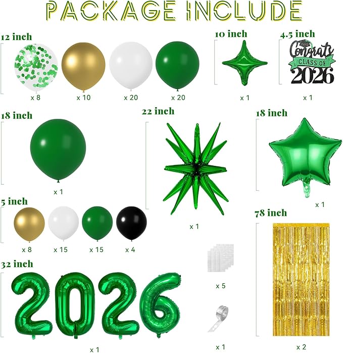 Graduation Balloon Garland Arch Kit for Graduation Decorations Class of 2026 - Dark Green Gold and White Balloon Different Sizes 5 12 18 Inch Graduations Balloons Arch for Grad Party Supplies