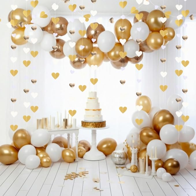 10 Pack 130ft White-Gold Holographic Heart Party Garland Asymmetrical Love Hanging Banners for Birthday, Wedding Engagement Bachelorette Party Baby Bridal Shower Decoration
