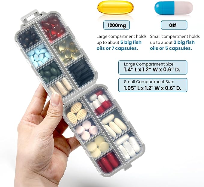 14 GRIDS Travel Pill Organizer Box with Labels - Travel Medicine Case Kit - Pocket Daily Pharmacy Container - Travel Medication Holder Dispenser for Fish Oil Vitamin Supplement Storage - Grey