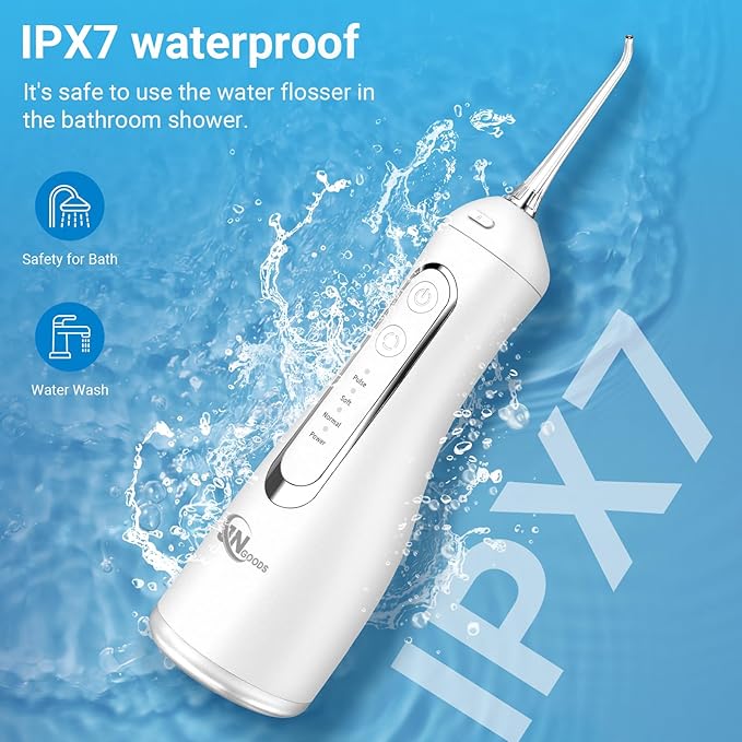 Cordless Water Dental Flosser Oral irrigator,JNGOODS 300ml Rechargeable Water flosser for Teeth IPX7 Waterproof 4 Modes Portable Oral Irrigator with 4 Jet Tips, Travel Home use (White)