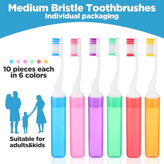 60 Pcs Folding Mini Toothbrush Travel Toothbrush, Portable Travels Size Toothbrushes Tooth Brush with Case, Bulk Toothbrushes Small Tooth Brush for Camping, Hiking, School, Home, Traveling