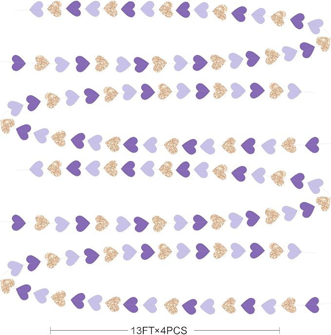 Champagne Gold Purple Heart Party Decorations Glitter Paper Love Heart Hanging Garland Banner Streamer for Valentines Day Birthday Baby Shower Wedding Anniversary Lilac Violet Lavender Themed Party