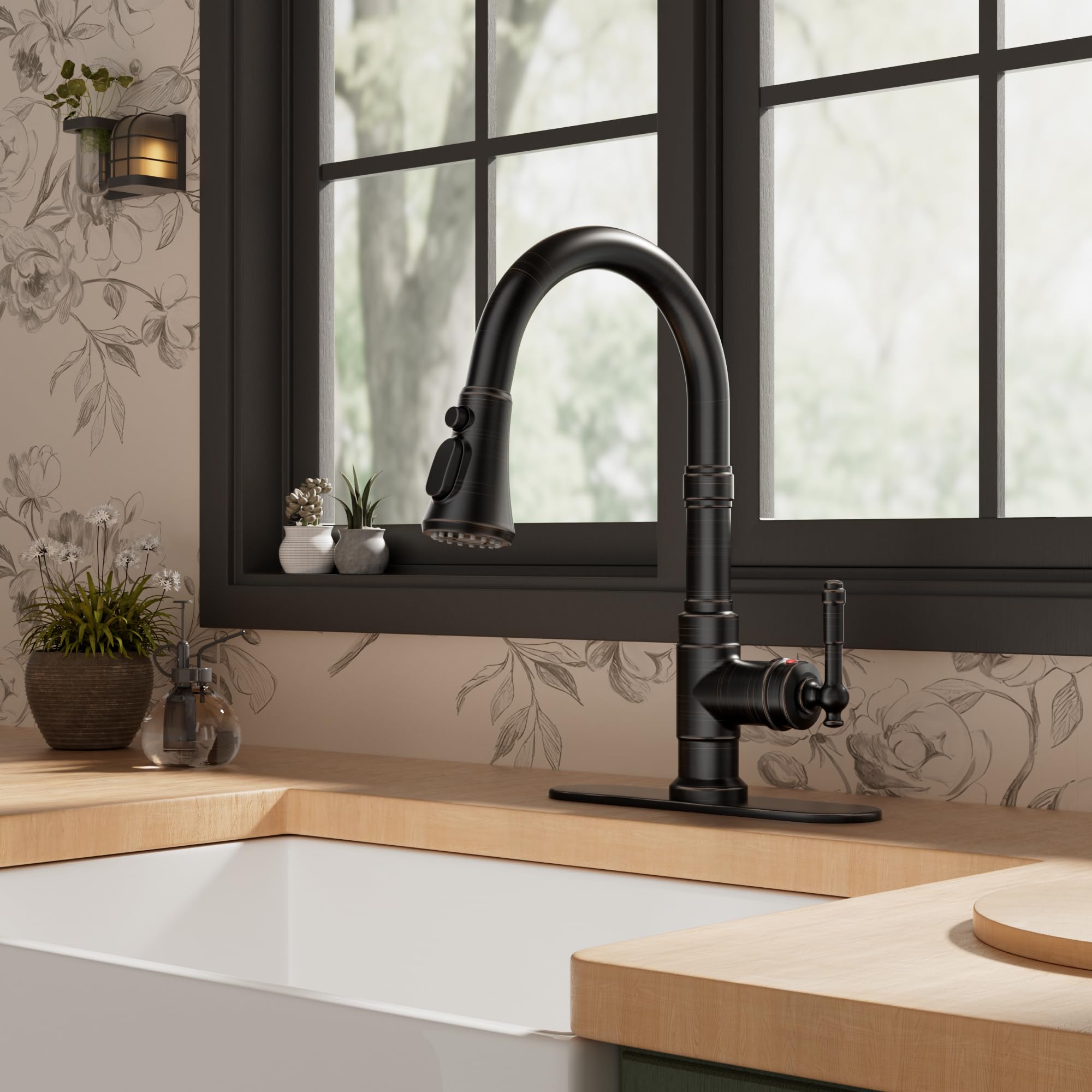 FORIOUS Vintage Kitchen Faucets with Pull Down Sprayer, Oil Rubbed Bronze