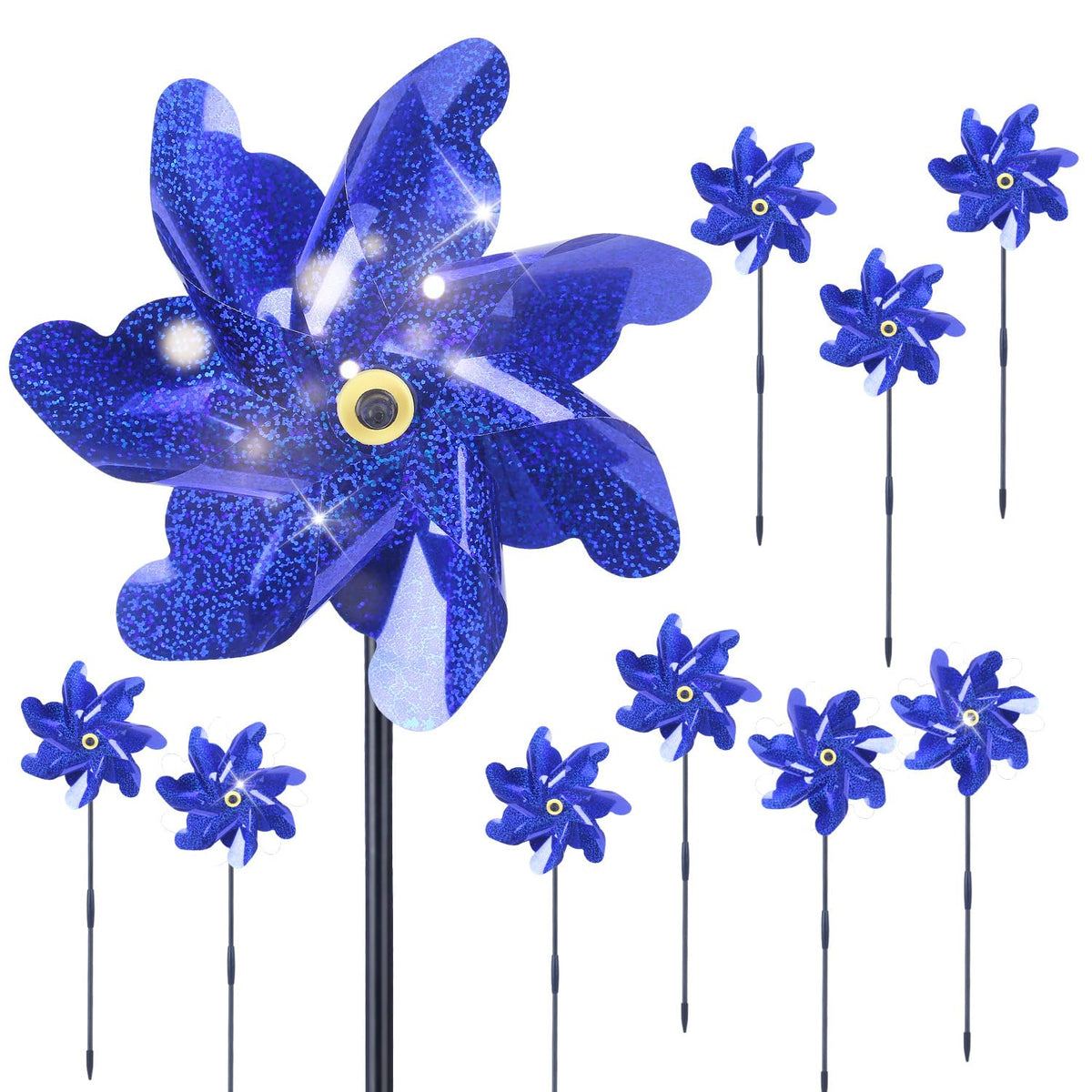 BATTIFE Preassembled Reflective Pinwheels for Yard & Garden, Blue, 10 Pack