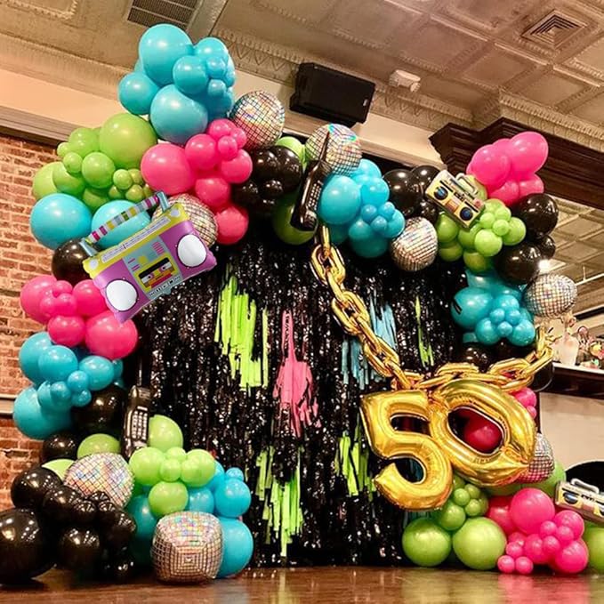 Back to 80s 90s Party Decorations, Rainbow Neon Disco Balloon Garland Arch Kit, Retro Disco Radio Foil Balloon for Retro Birthday Party Decorations Hip Hop Rock Photo Props Backdrop