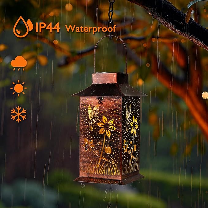 Homemory Hummingbird Solar Lanterns Waterproof, Metal Hanging Hollowed-Out Metal Decor Lantern, LED Outdoor Decoration for Outside LED Lanternse for Yard, Backyard, Porch, Lawn
