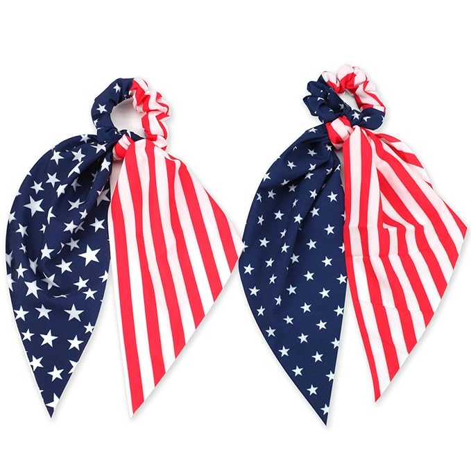 American Flag Hair Ties for Woman Girls Red White and Blue Ribbon Hair Scrunchies Elastic Patriotic 4th of July Hair Tie Independence Day Memorial Day Party Supplies Hair Accessories 2PCS