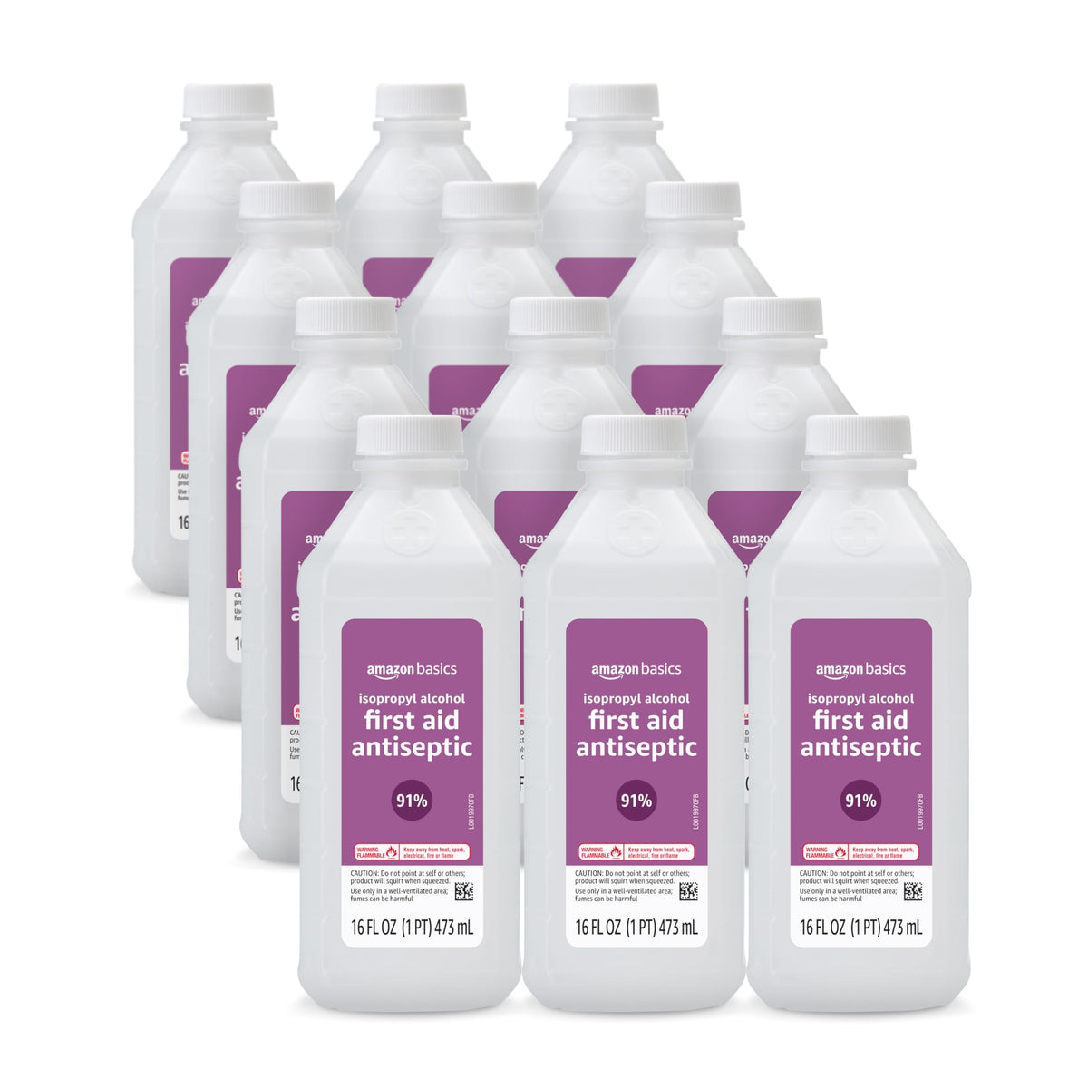 Amazon Basics 91% Isopropyl Alcohol First Aid Antiseptic for Minor Cuts, Scrapes and Infection Protection, Unscented, 16 fl oz, 12-Pack