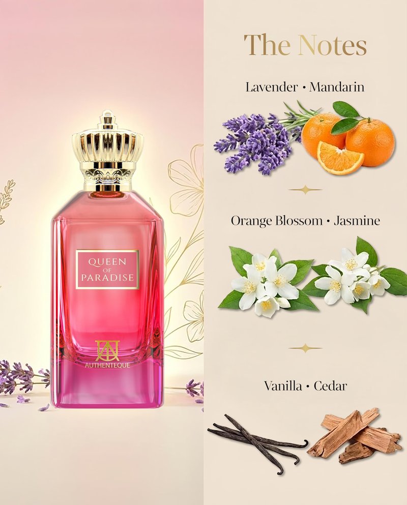 AUTHENTEQUE - Queen of Paradise Long Lasting Perfume for Women - Eau de Parfum - Vanilla, Lavender, Mandarin Fragrance Luxury Arabian Perfume 3.4oz (100ml)