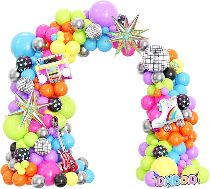 90s Retro Party Balloon Garland Kit,135Pcs Mix Neon Colors Balloon Arch with Radio,Guitar,Roller Skate,Laser Explosion Star,Disco Ball foil Balloons for Back to 80s 90s Rock Theme Party Decorations