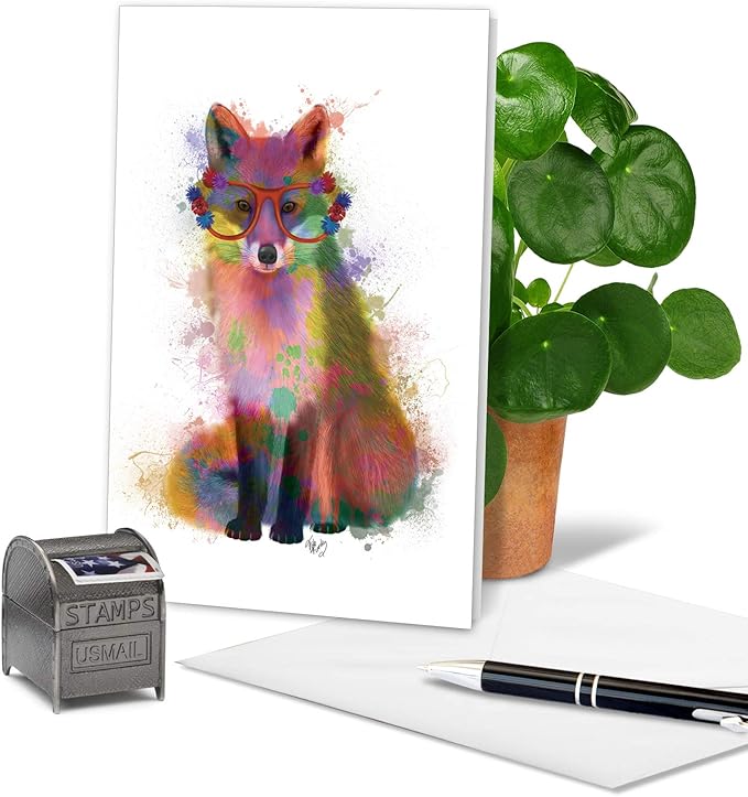 The Best Card Company - 1 Happy Birthday Card with Envelope - Adorable Colorful Animals, Fun Notecard - Funky Rainbow Wildlife Fox C4948ABDG