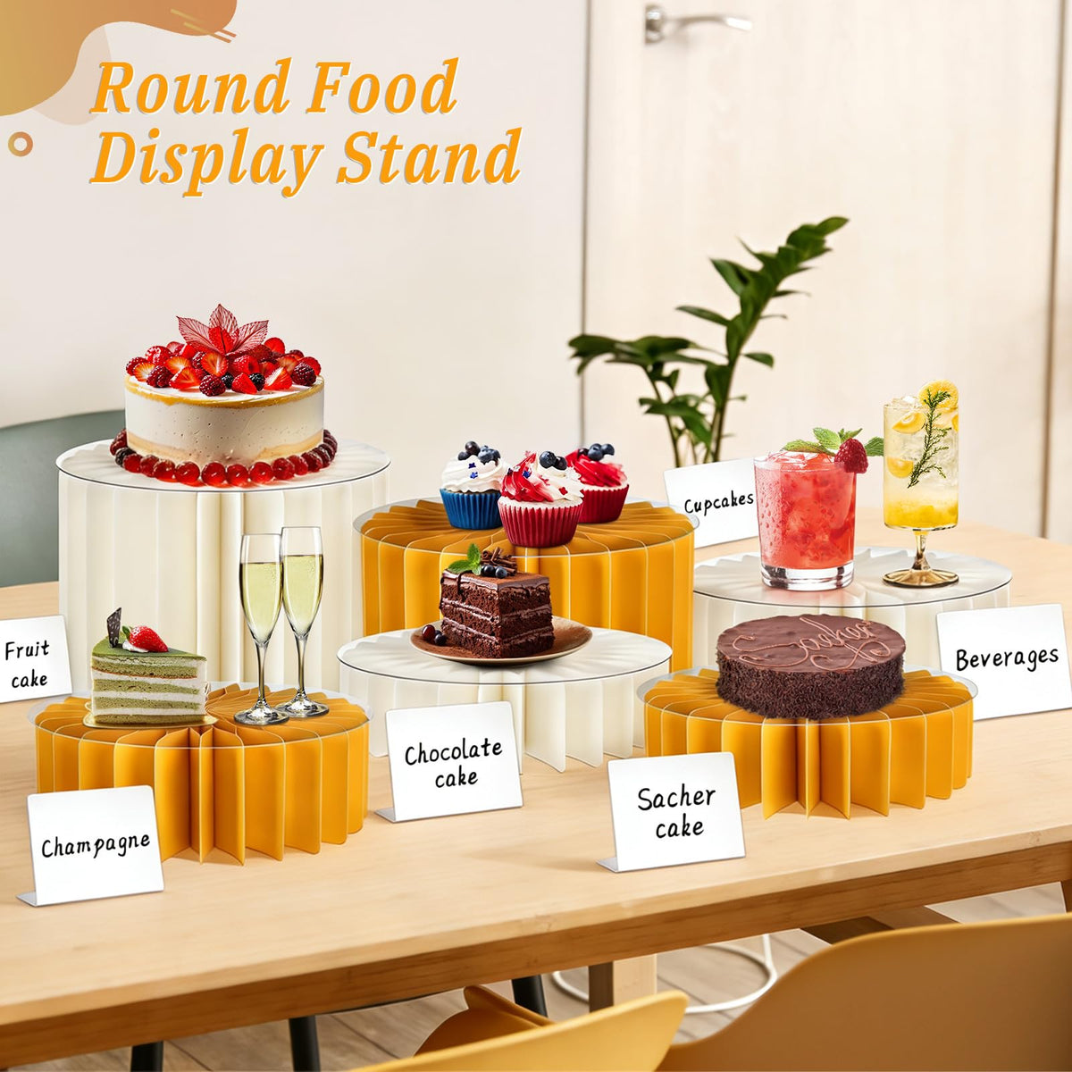 Youjoitim 6Pcs Buffet Risers, Food Risers for Table, Foldable Cake Display Stands, Tall Cardboard Cupcakes Stand for Show Catering Desserts Jewelry Wedding Birthday Party Decoration (Yellow White)