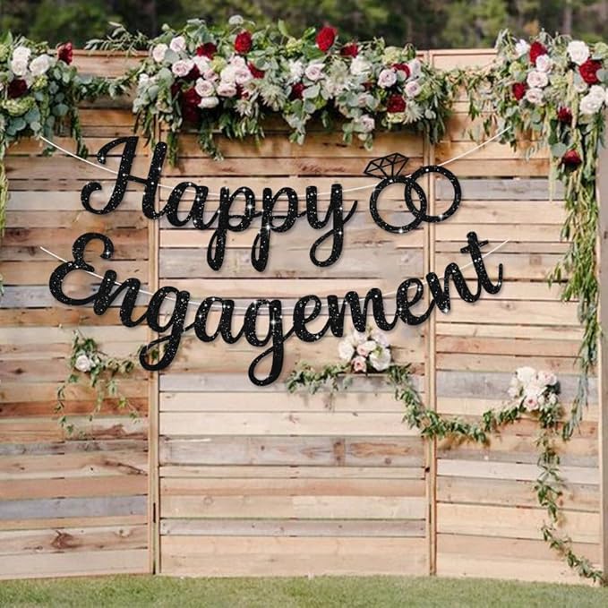 BEISHIDA Glitter Happy Engagement Banner-No DIY, Engagement Party Decorations, wedding Banners（Black）