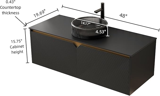 48 Inch Bathroom Vanity with Sink, Floating Fluted Vanity with Vessel Sink, Modern Wall Mounted Bathroom Vanity Cabinet with 2 Doors, Glass Vessel Sink & Sintered Stone Top, Black