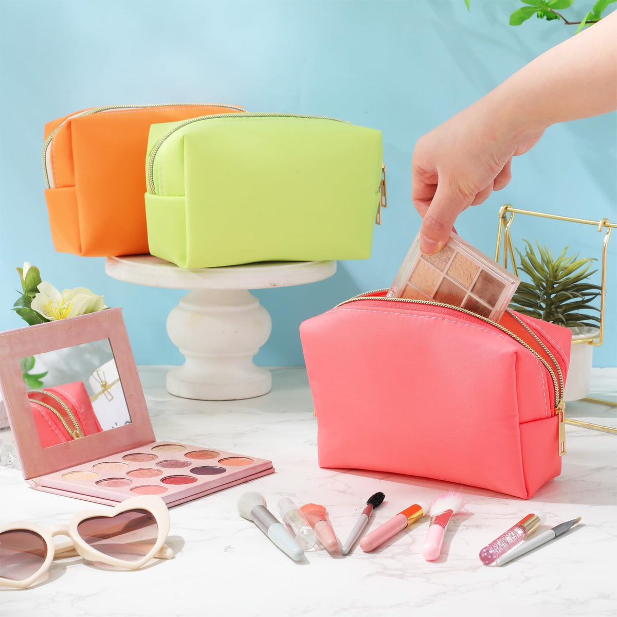 Kigeli 12 Pcs Nylon Makeup Bag Bulk Cosmetic Pouches Preppy Cosmetic Bag for Women Waterproof Travel Zipper Organizer Little Outdoor Accessory Makeup (Nylon, Foam,Macaron)
