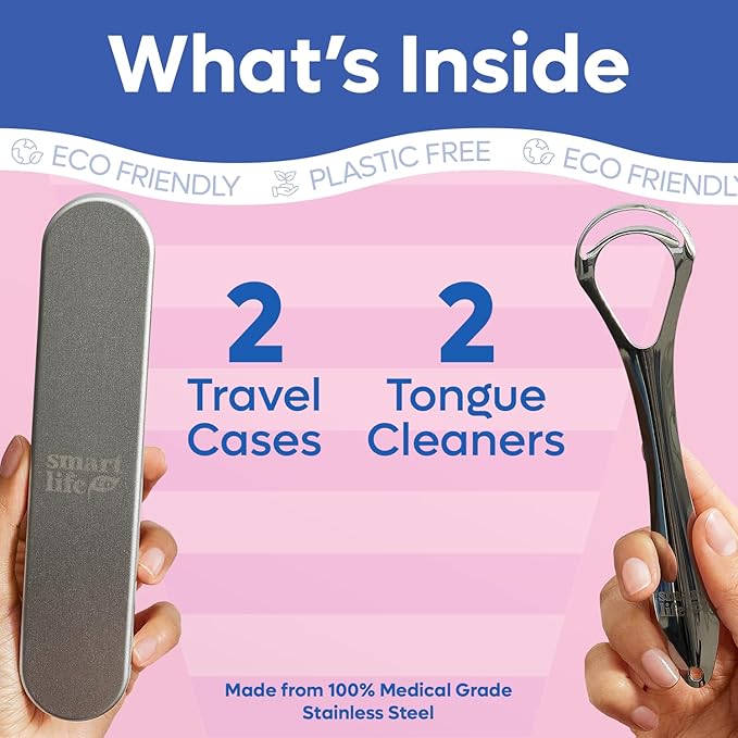 Tongue Scraper For Adults - Dual Head Stainless Steel Tongue Cleaner Travel Metal Case | Bad Breath Mouth Treatment | Best Disposable Metal Plastic-Free Scrubber | Oral Care Hygiene Essential Kit, 2pk