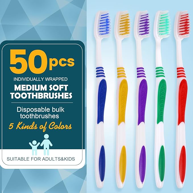 Navona 50 PCS Premium Individually Wrapped Bulk Toothbrush Pack, Disposable Toothbrushes, Kids Toothbrush, Medium Soft Bristle Toothbrushes, Ergonomics Handle, Perfect for Travel Hotel Donation