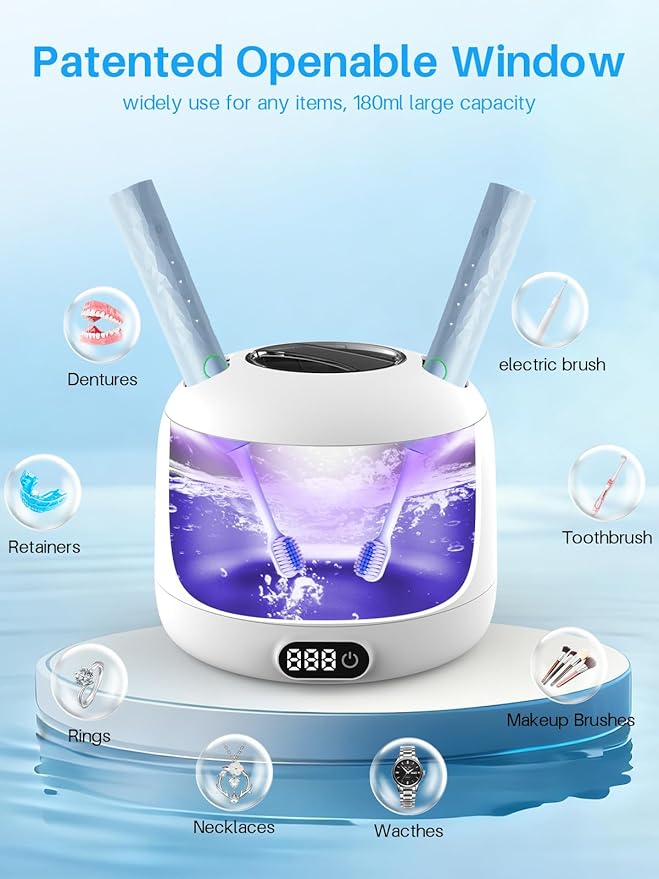 Voraiya Ultrasonic Retainer Cleaner IPX7 Waterproof Base and Denture Pod Ultra Sonic Cleaner Machine for Aligner, Retainers, Mouth Guards, Night Guards, Dental Trays Braces, Toothbrushes