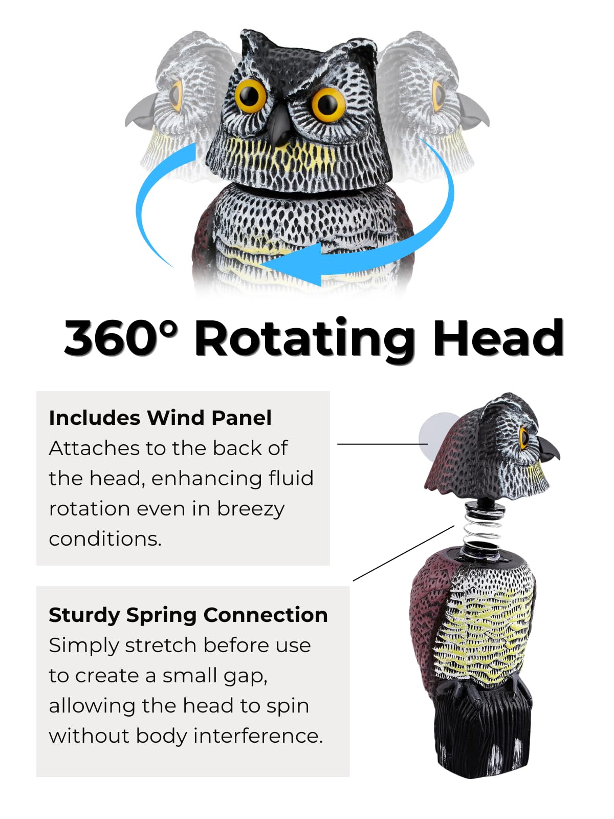 Garden Fake Owl Sculpture with 360° Rotating Head, Waterproof Garden Owl