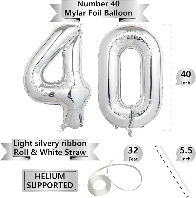 Number Balloons Silver Party Balloon - Giant Number 40 Balloon, 40 Inch Large Balloon for 40th Birthday Decorations, Silver Party Supplies for Anniversary