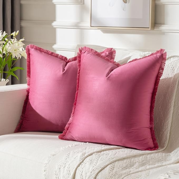 FUTEI Hot Pink Velvet Decorative Throw Pillow Covers 20x20 Set of 2,Soft Cozy Edge with Tassels Cushion Case,Boho Modern Home Decor for Couch Bed Living Room
