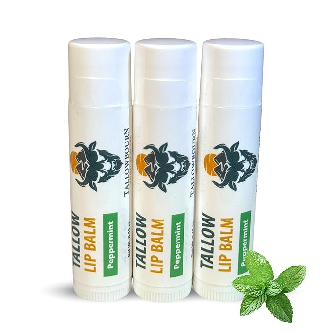 Moisturizing Tallow Lip Balm – Grass-Fed Beef Tallow with Organic Coconut Oil, Beeswax, and Vitamin E – Peppermint – Lip Balm Set – Travel Essential – 3-Pack