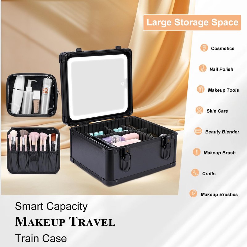Makeup Box with Led Mirror,Travel Train Hard Case with Rechargeable Lighted Mirror Adjustable Dividers,Cosmetic Organizer Storage Bag for Makeup Artists,Appropriate Gift for Women and Girls,Black