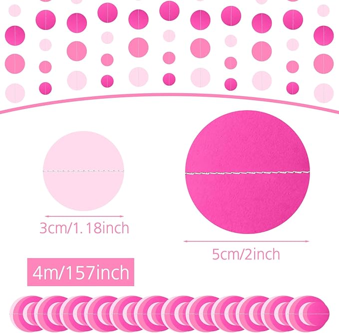 5 Pcs Hot Pink Garland Glitter Pink Circle Dots Garland, PLULON 65 Ft Hanging Paper Polka Dot Streamer Backdrop Banner for Pink Party Decor Birthday Baby Shower Wedding Classroom Stitch Party Supplies