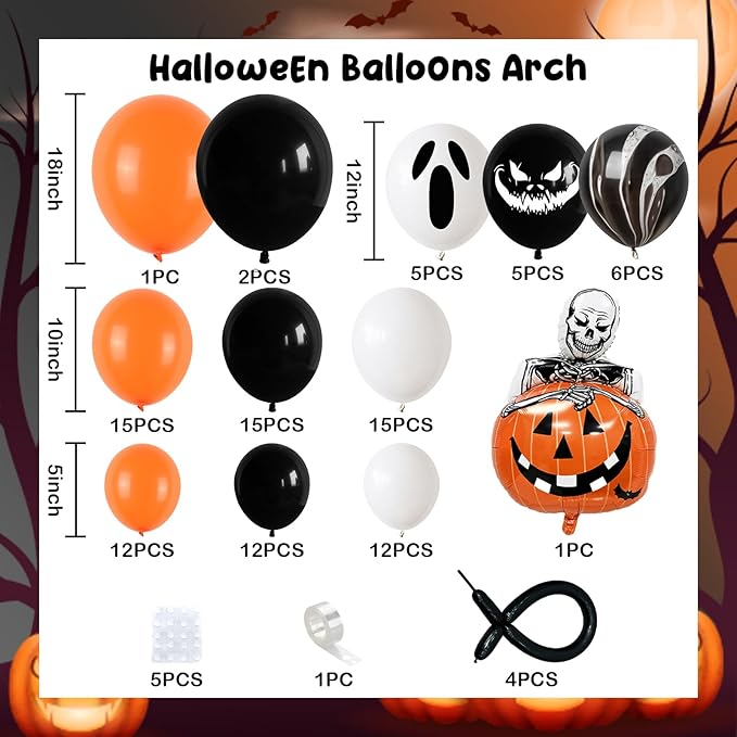 Halloween Balloons Decorations, Pumpkin Skull Balloon Black Orange White Balloon Garland Arch Kit Ghost Balloon for Scary Horror Outdoor Indoor Haunted Halloween Birthday Party Decoration Supplies