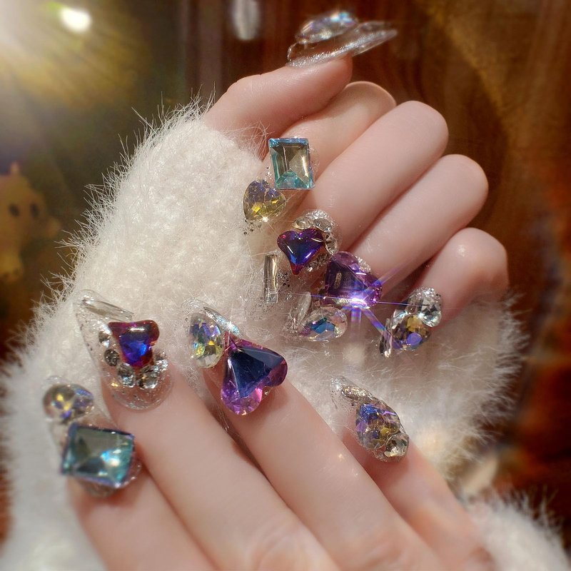 QQPPOLIU Almond Press on Nails Medium False Nails Stiletto Handmade Glue on Nails with 3D Big Jewel Rhinestones Designs Full Cover Nails Silver Glitter Press Ons Gift for Mother's day (Transparency)