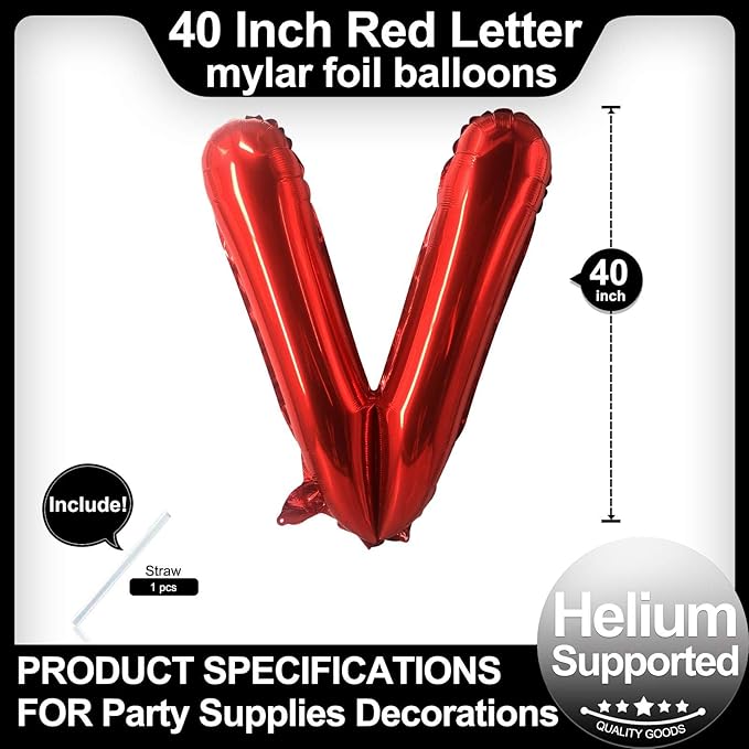 40 Inch Red Letter V Balloons, DIY Phrase Foil Alphabet Letter V Balloons DIY Word V Banner for Birthday Anniversary Celebration Graduation Party Supplies Decoration