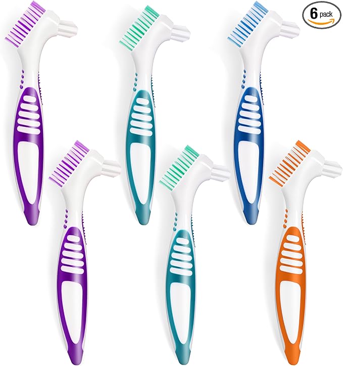 TaShow 6 Pcs Denture Brush Set for False Teeth, Denture Toothbrushes with Double Sided Design, Denture Cleaning Brush with Multi-Layered Soft Bristles and Rubber Anti-Slip Handle, 4 Colors