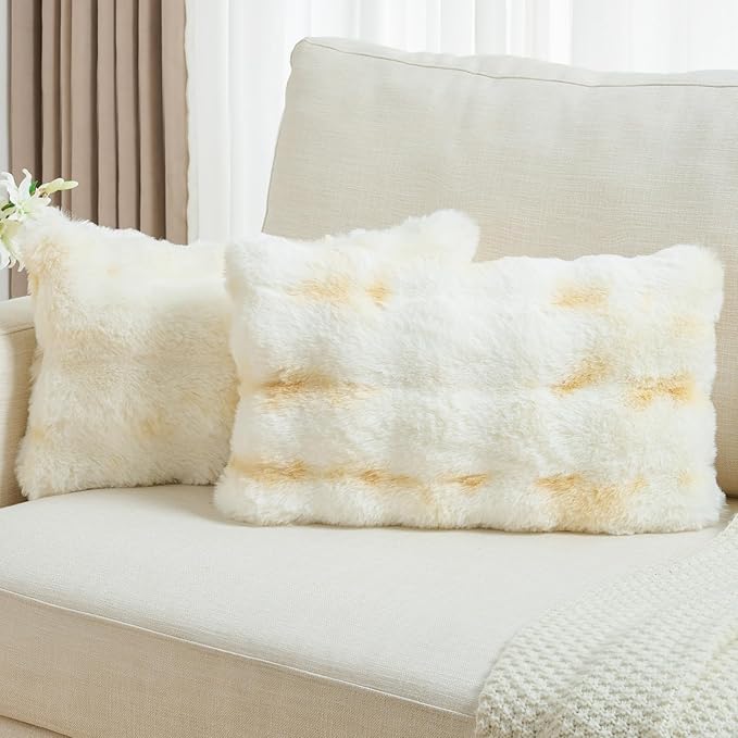 FUTEI Yellow White Decorative Throw Pillow Covers 12x20 Inch Set of 2,Soft Fuzzy Faux Rabbit Fur Pillow Case with Raised Texture,Neutral Boho Home Decor for Couch Bed Living Room