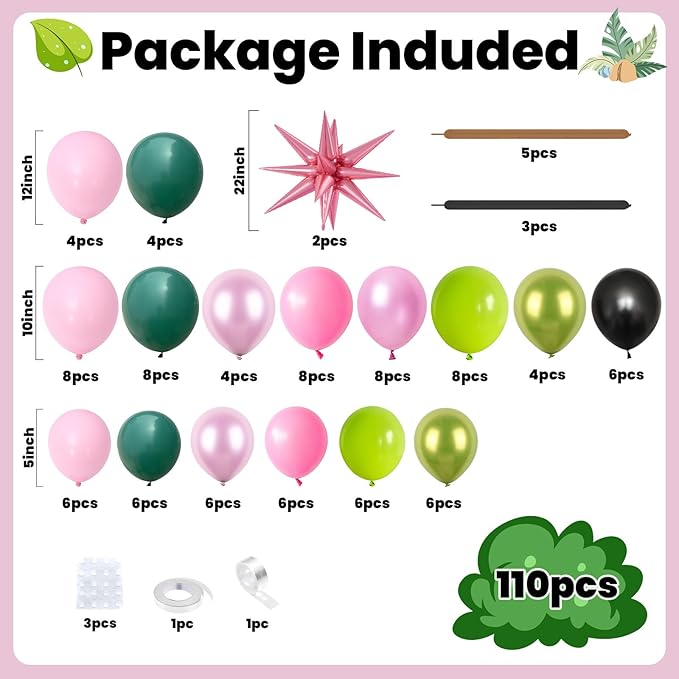 FunHot Pink Green Balloon Arch Garland Kit with Pearl Light Pink Dark Metallic Green Black Balloons Explosion Star Foil Balloon 260 Long Balloons for Baby Shower Witch Theme Birthday Party Decoration