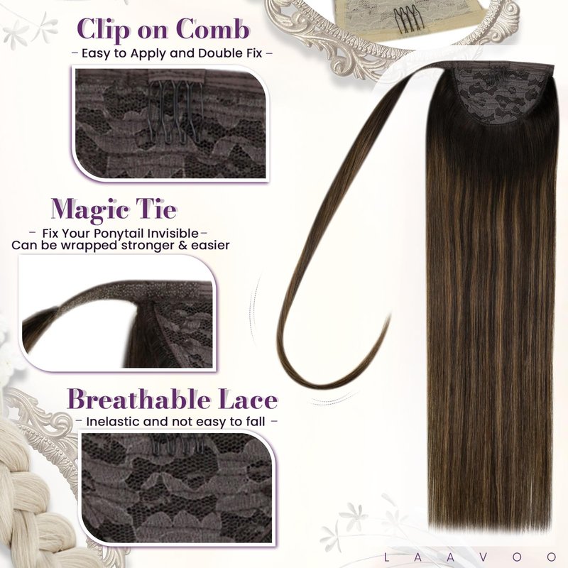 LaaVoo Ponytail Extension Human Hair Brown Ombre Ponytail Extensions for Women Balayage Darkest Brown to Light Brown Pony Tails Hair Extensions Real Humen Hair Short Straight 12 Inch 75g