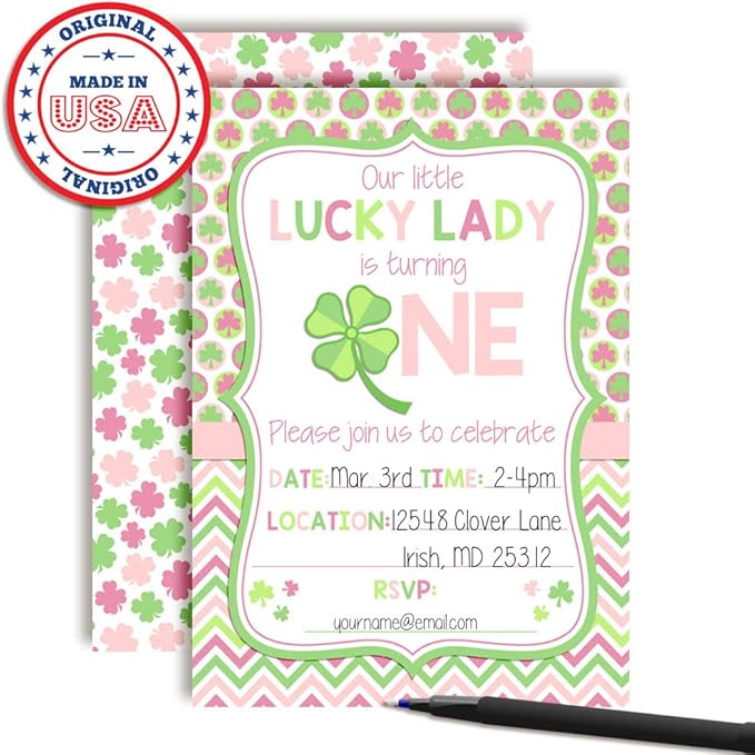 Lucky Lady First Birthday Clover St. Patrick’s Day Party Invitations for Girls, 20 5x7 Fill In Cards with Twenty White Envelopes by AmandaCreation