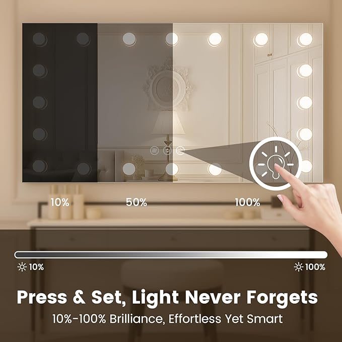 WTTY LED Bathroom Mirror with Lights 60"x30" Hollywood Wall-Mounted Mirror with 3 Color Temperatures, Stepless Dimmable Bulbs, Anti-Fog & Shatter-Proof