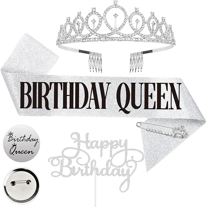 Birthday Sash, Birthday Crown, Birthday Cake Topper, Birthday Pin Button. Queen Sash and Birthday Tiara for women and Grils Birthday Decorations for Women MS4U (Silver)
